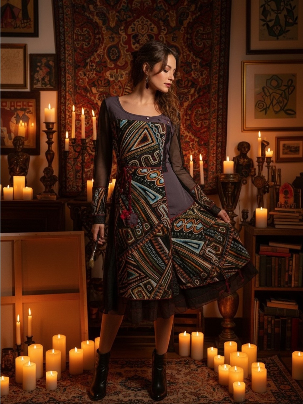 Joe Browns Patchwork Tribal Print Mesh Sleeve Dress Boho UK 18